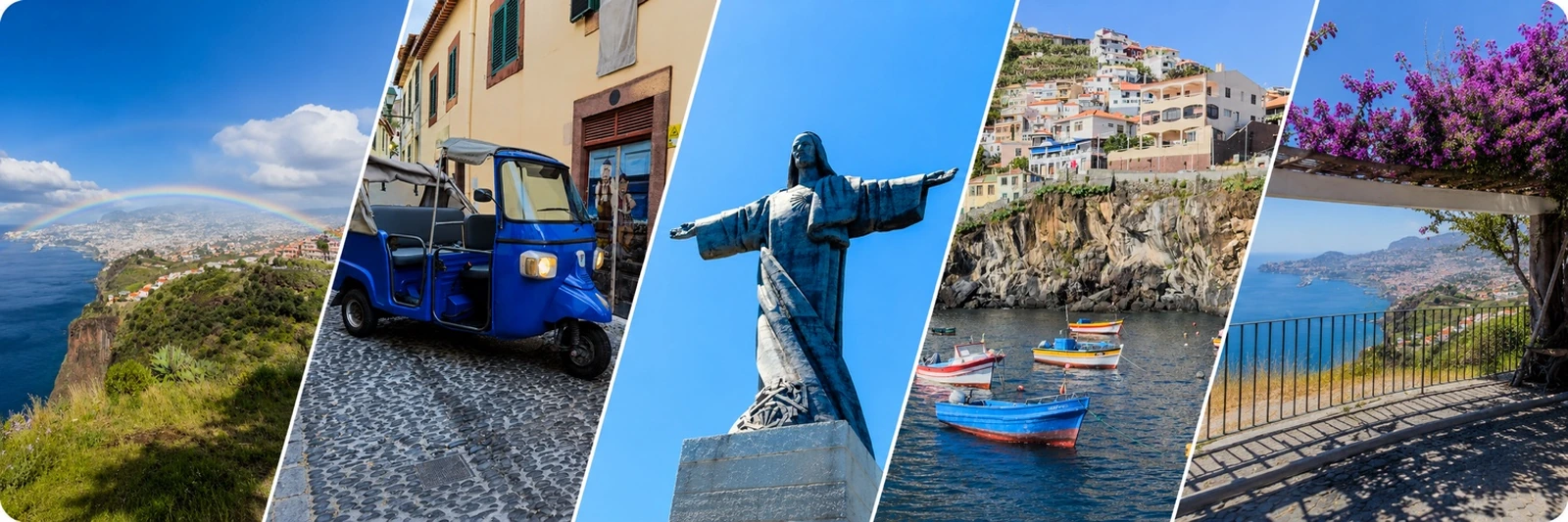 A collage of Madeira TukTuk tour photos: Funchal streets, Cristo Rei, Câmara de Lobos fishing boats, Monte and Eira do Serrado